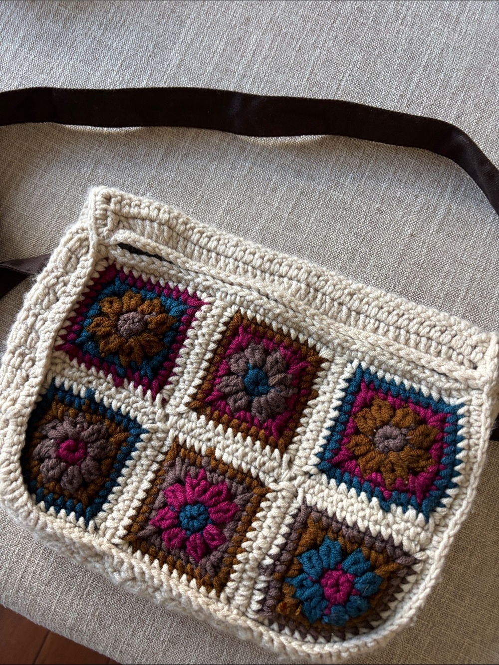 NATURAL LIFE Cream Crochet Crossbody/Fanny pack Pink Teal and Brown Floral Squar